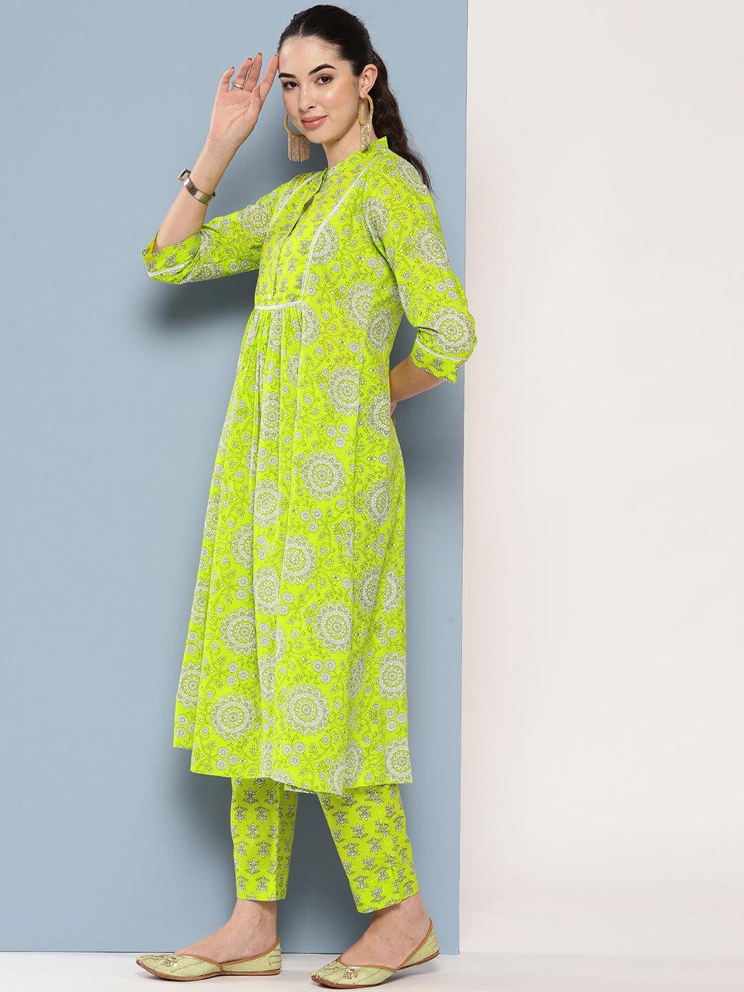 Light Green Cotton Block Printed Kurta with Pant