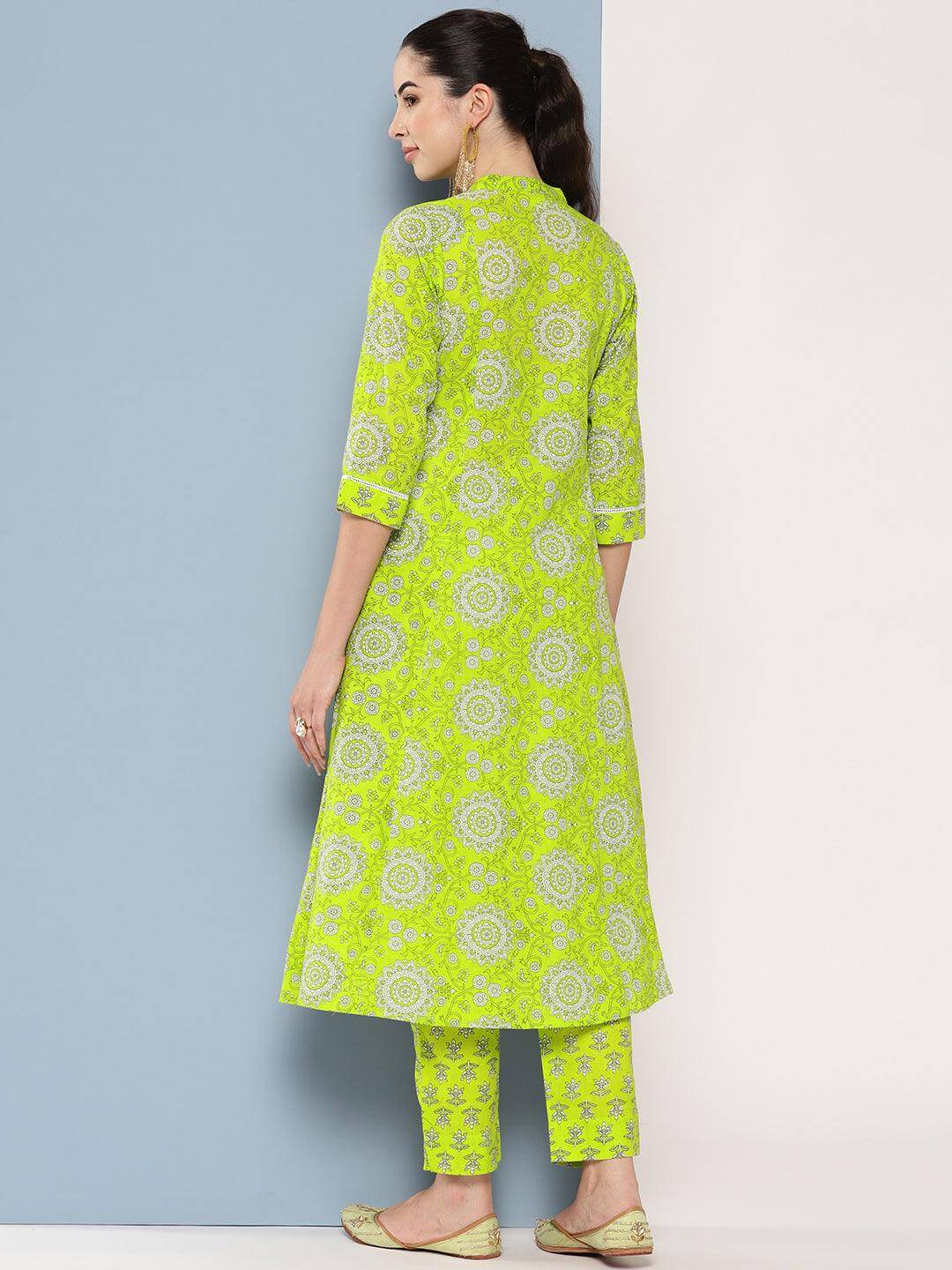 Light Green Cotton Block Printed Kurta with Pant
