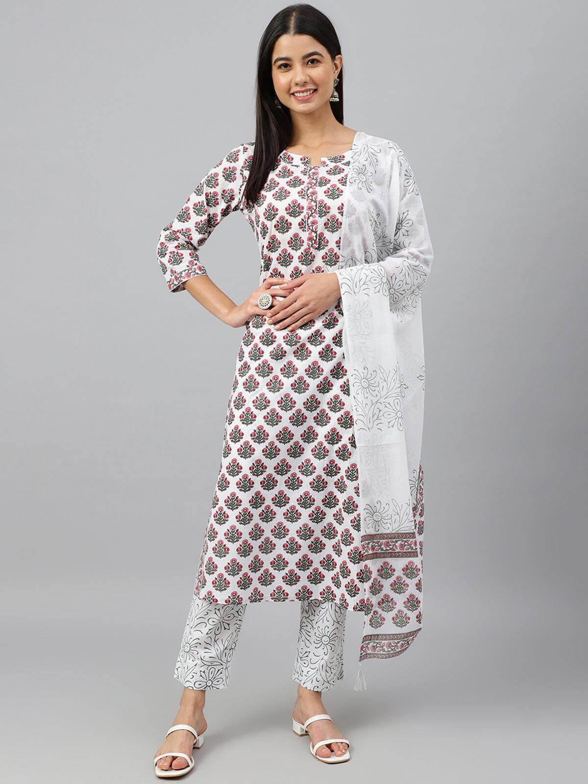 White Cotton Floral Block Print Kurta with Pant and Dupatta