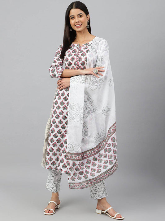 White Cotton Floral Block Print Kurta with Pant and Dupatta