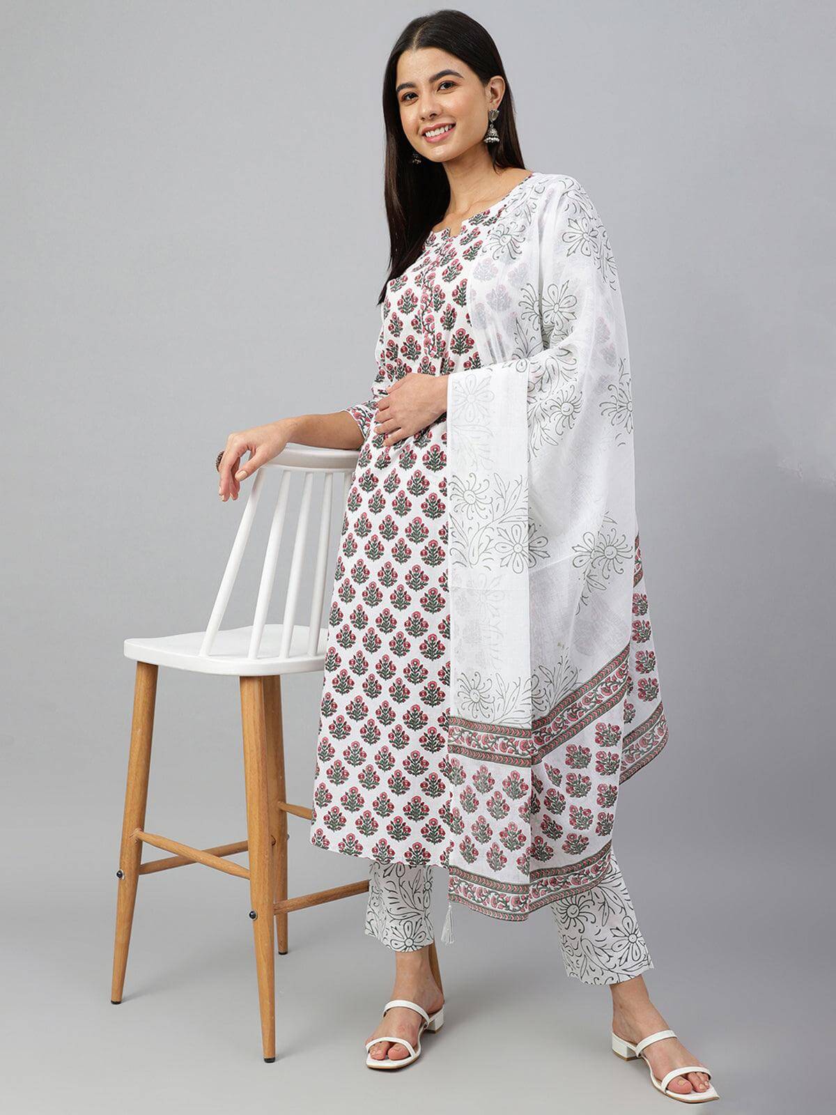 White Cotton Floral Block Print Kurta with Pant and Dupatta