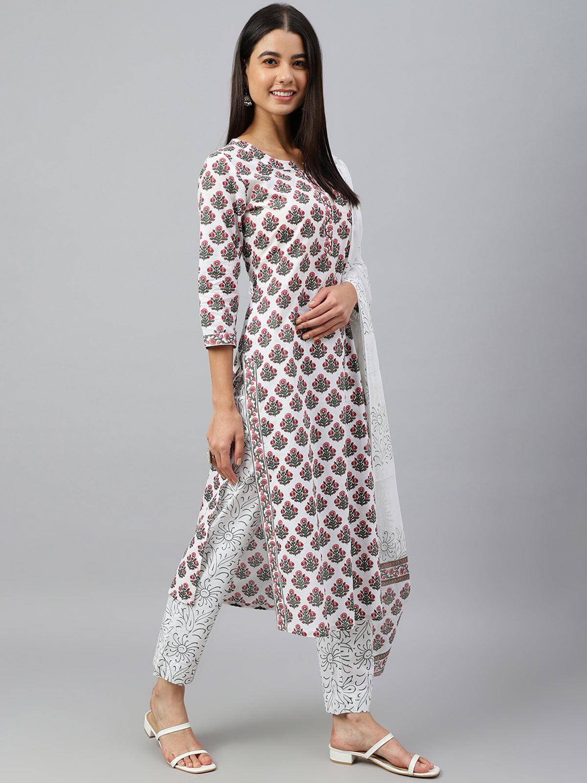 White Cotton Floral Block Print Kurta with Pant and Dupatta