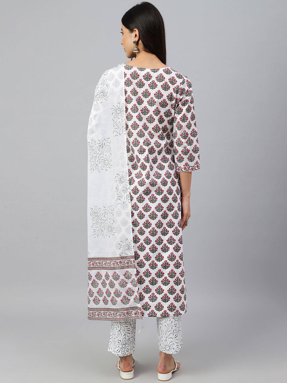 White Cotton Floral Block Print Kurta with Pant and Dupatta