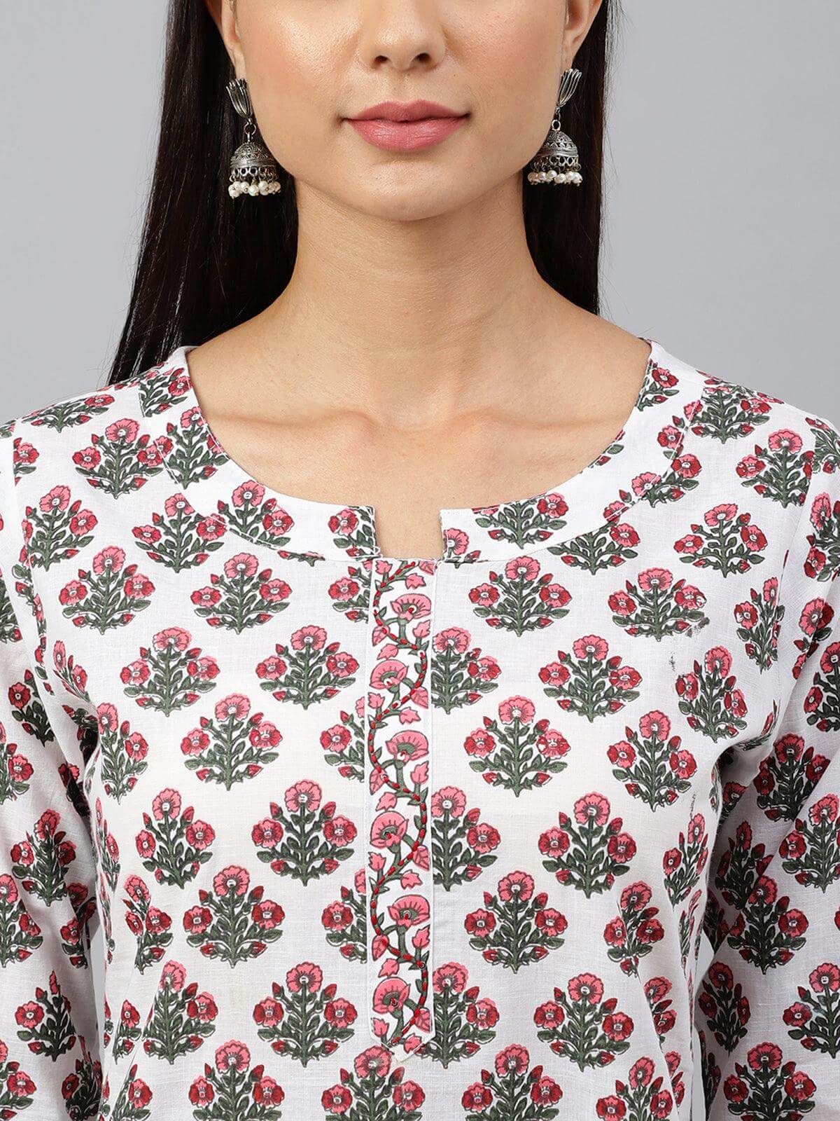 White Cotton Floral Block Print Kurta with Pant and Dupatta