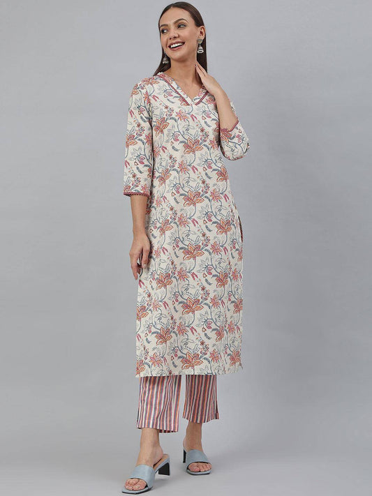 Off-White Cotton Printed Kurta with Pant