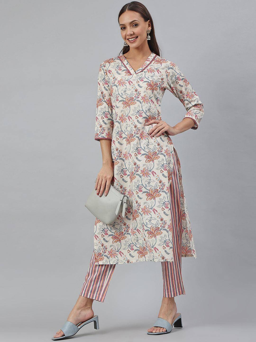 Off-White Cotton Printed Kurta with Pant