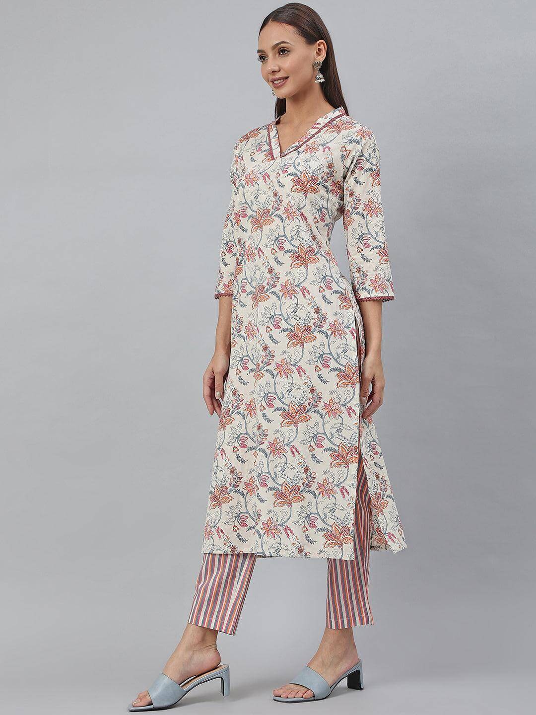 Off-White Cotton Printed Kurta with Pant
