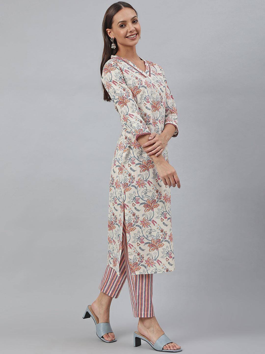 Off-White Cotton Printed Kurta with Pant