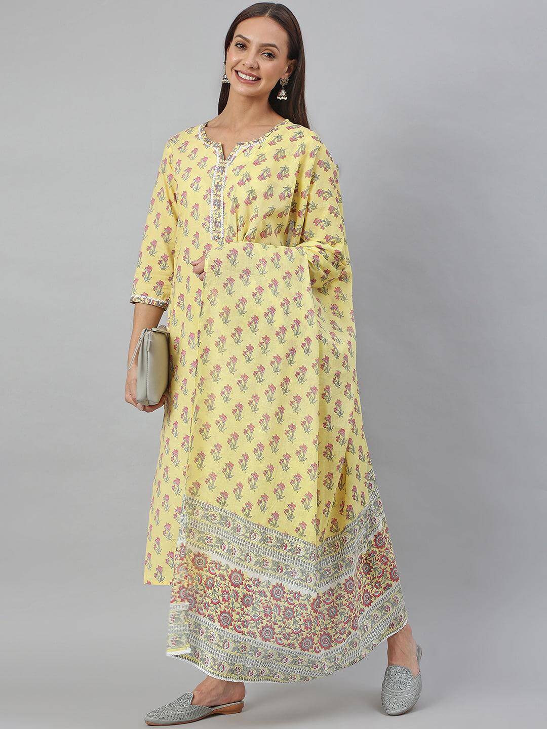 Yellow Cotton Floral Print Kurta with Pant and Dupatta