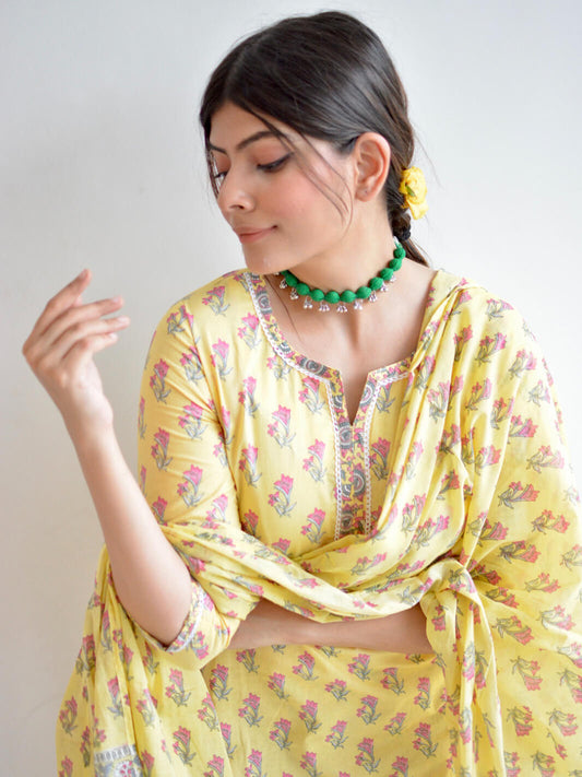 Yellow Cotton Floral Print Kurta with Pant and Dupatta