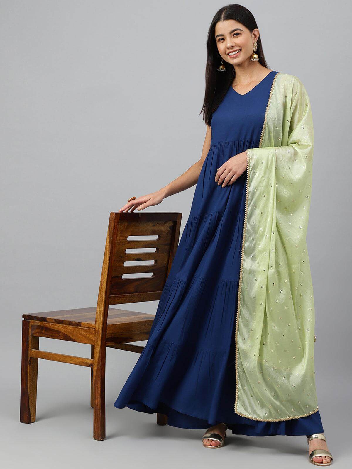 Dark Blue Rayon Solid Kurta with Dupatta