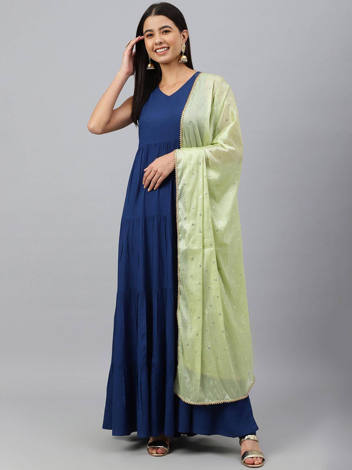 Dark Blue Rayon Solid Kurta with Dupatta