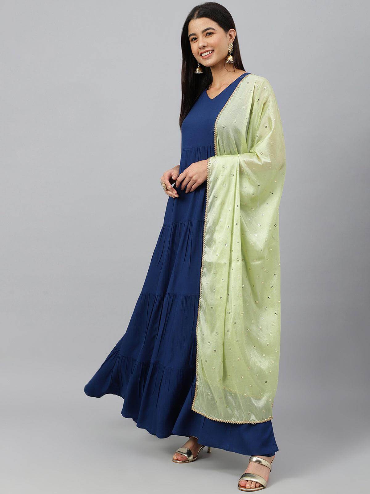 Dark Blue Rayon Solid Kurta with Dupatta