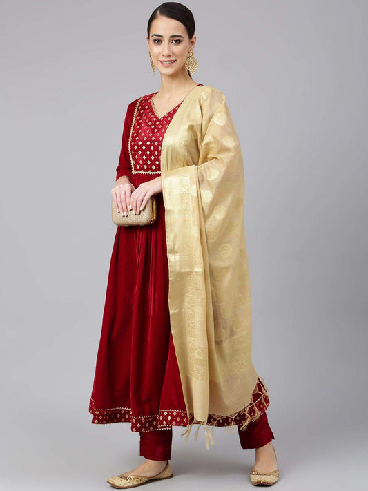 Maroon Velvet Solid Kurta with Pant and Dupatta