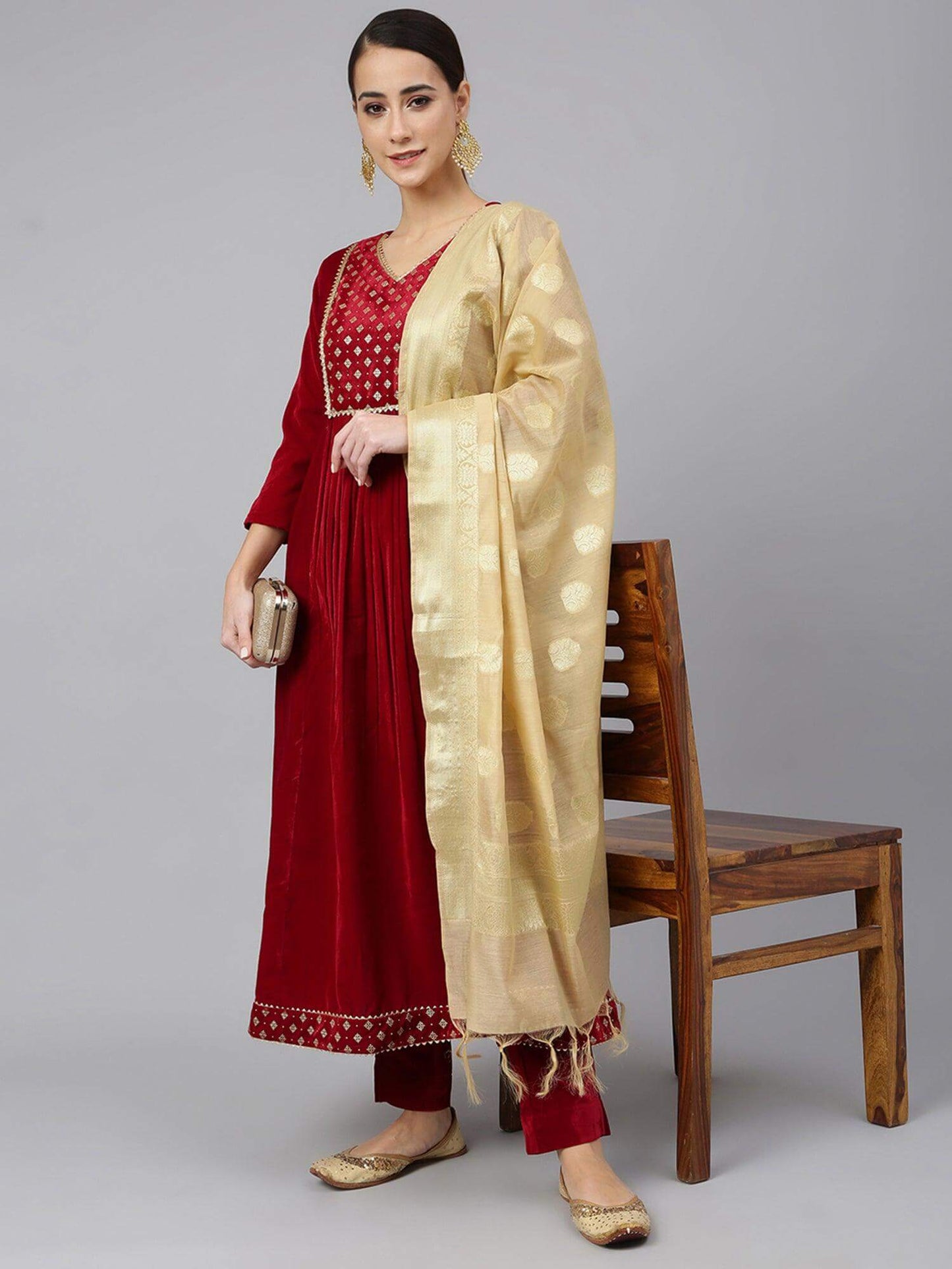 Maroon Velvet Solid Kurta with Pant and Dupatta