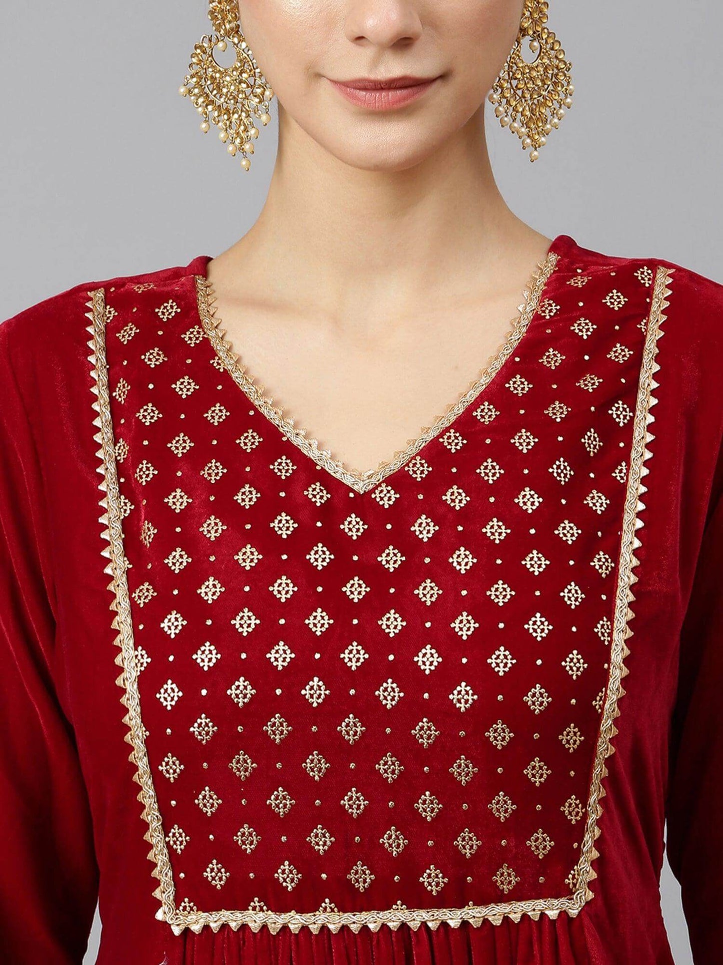 Maroon Velvet Solid Kurta with Pant and Dupatta