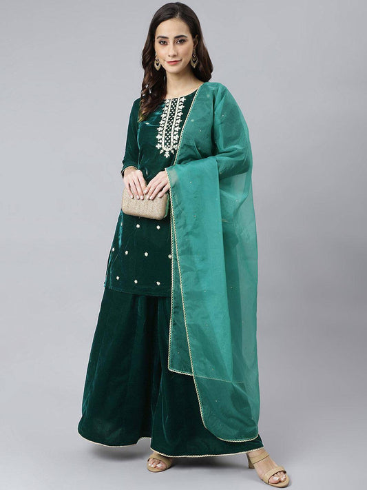 Women's-Dark-Green-Velvet-Floral-Embroidery-Kurta-with-Flared-Palazzo-and-Dupatta