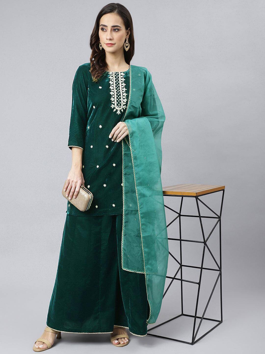 Women's-Dark-Green-Velvet-Floral-Embroidery-Kurta-with-Flared-Palazzo-and-Dupatta