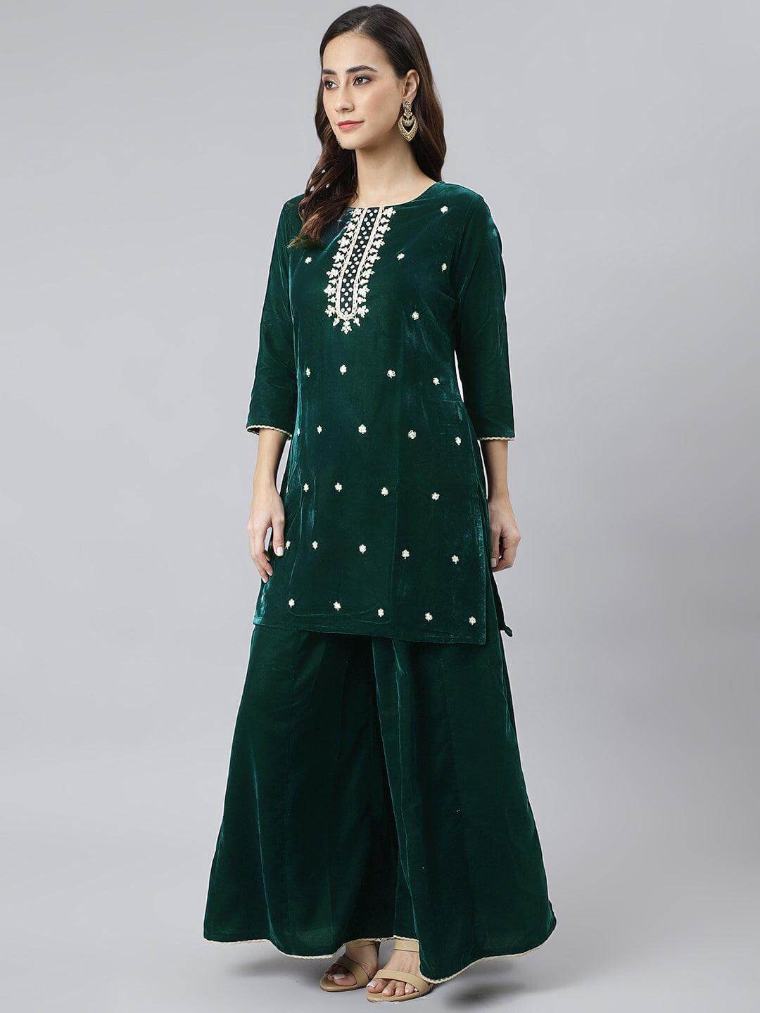 Women's-Dark-Green-Velvet-Floral-Embroidery-Kurta-with-Flared-Palazzo-and-Dupatta