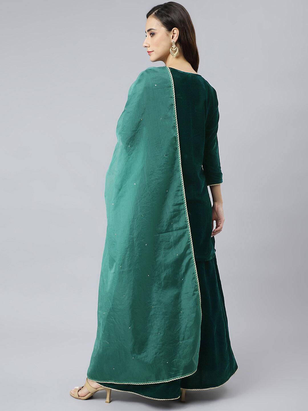 Women's-Dark-Green-Velvet-Floral-Embroidery-Kurta-with-Flared-Palazzo-and-Dupatta