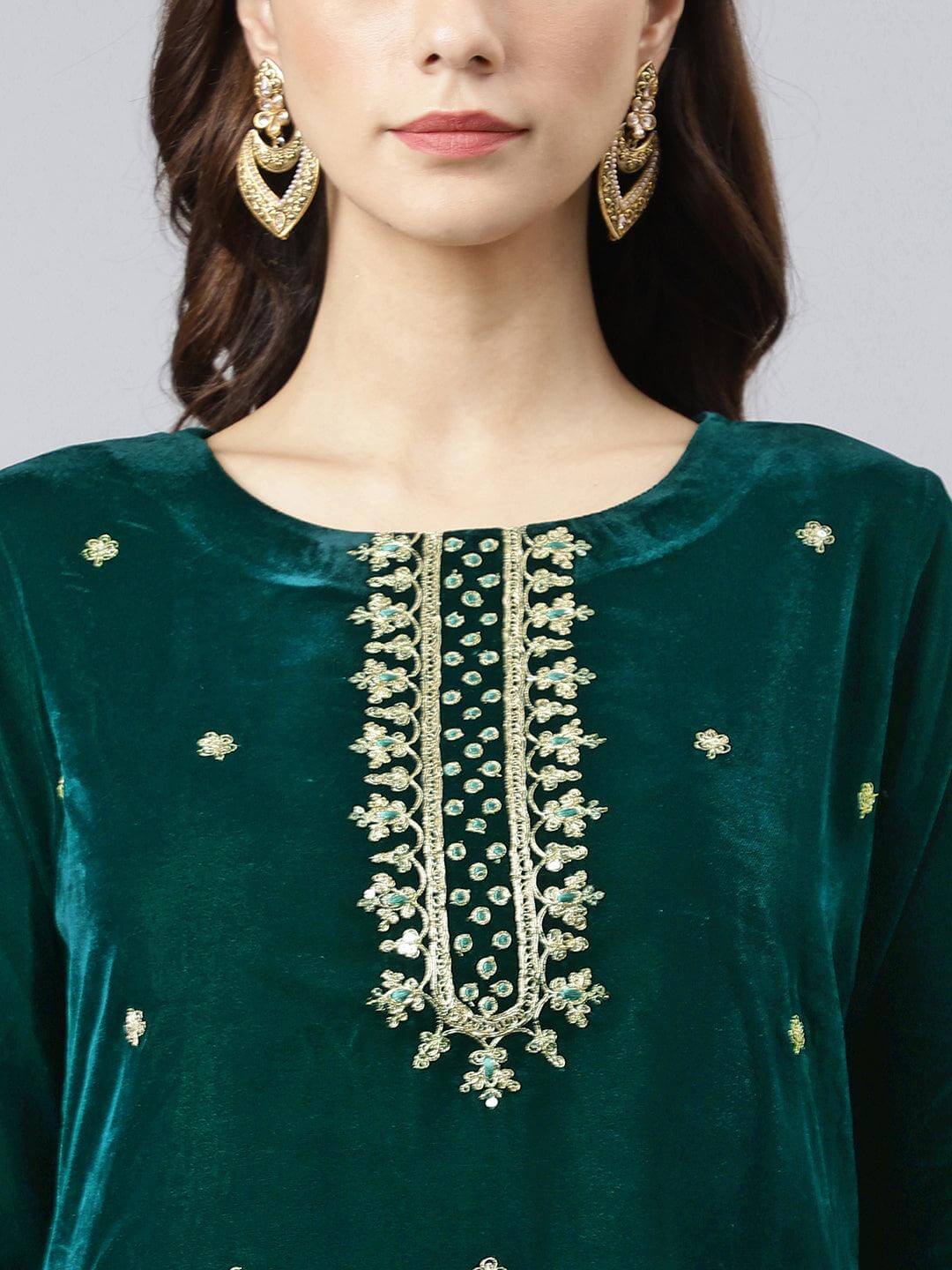 Women's-Dark-Green-Velvet-Floral-Embroidery-Kurta-with-Flared-Palazzo-and-Dupatta