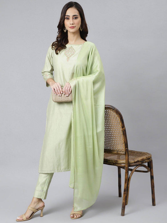Sea green Poly Silk Solid Kurta with Pant and Dupatta