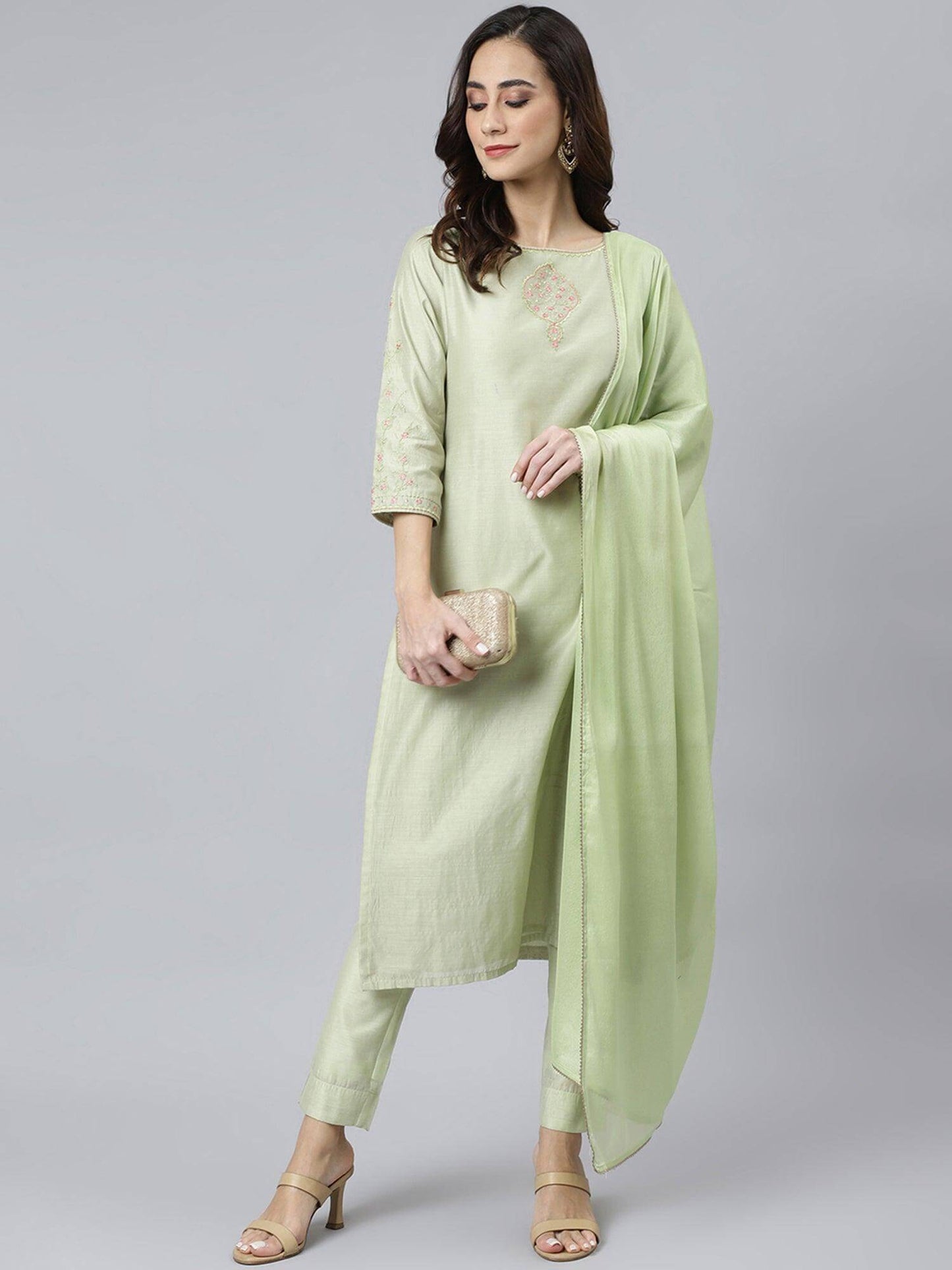 Sea green Poly Silk Solid Kurta with Pant and Dupatta