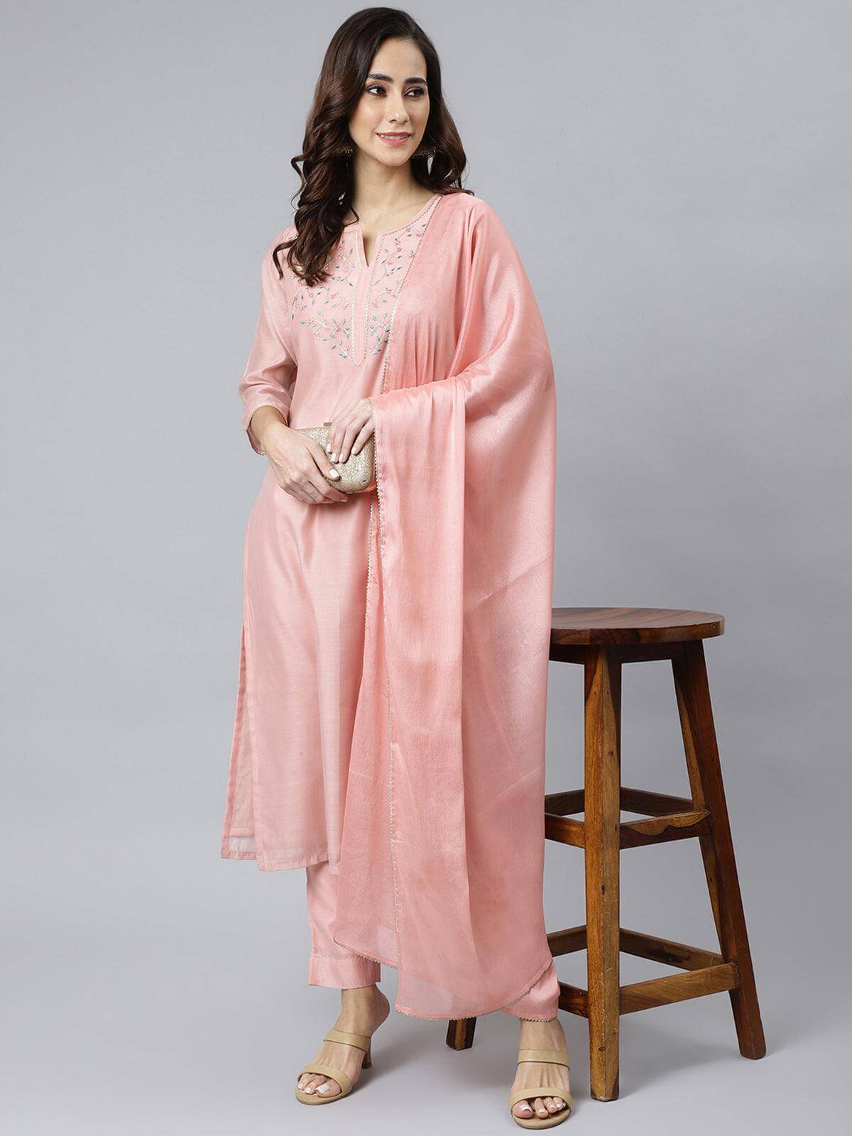 Baby Pink Poly Silk Solid Kurta with Pant and Dupatta