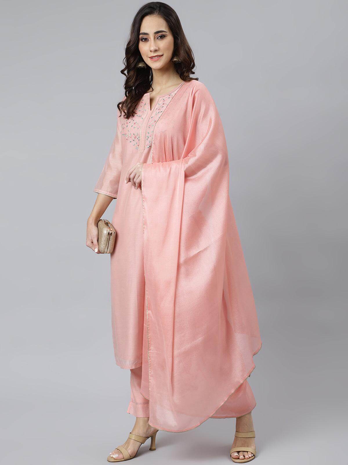 Baby Pink Poly Silk Solid Kurta with Pant and Dupatta