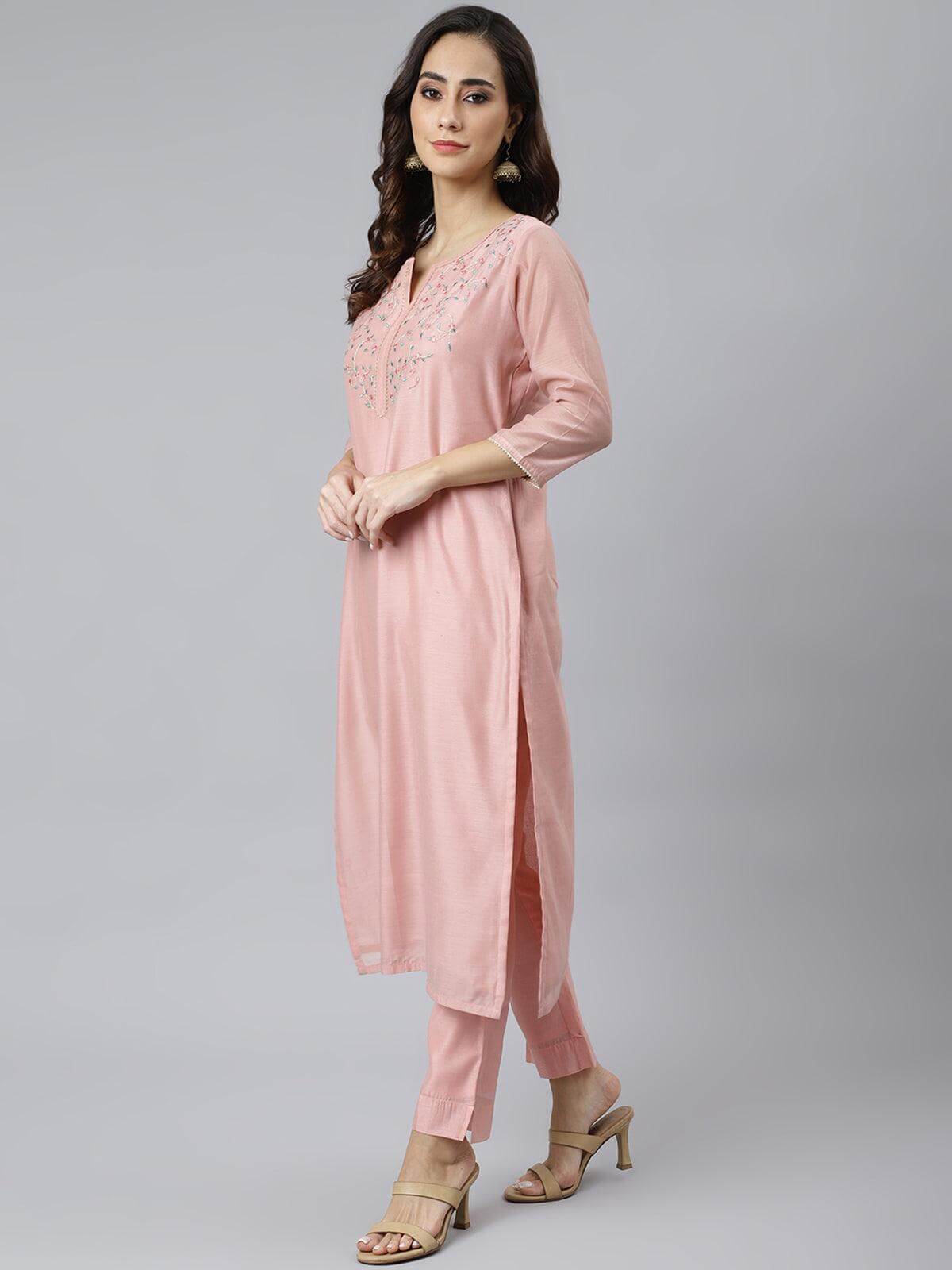 Baby Pink Poly Silk Solid Kurta with Pant and Dupatta