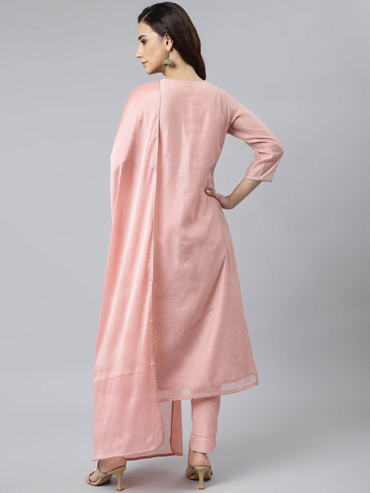 Baby Pink Poly Silk Solid Kurta with Pant and Dupatta