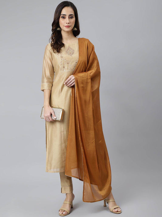 Beige Chanderi Silk Solid Kurta with Pant and Dupatta