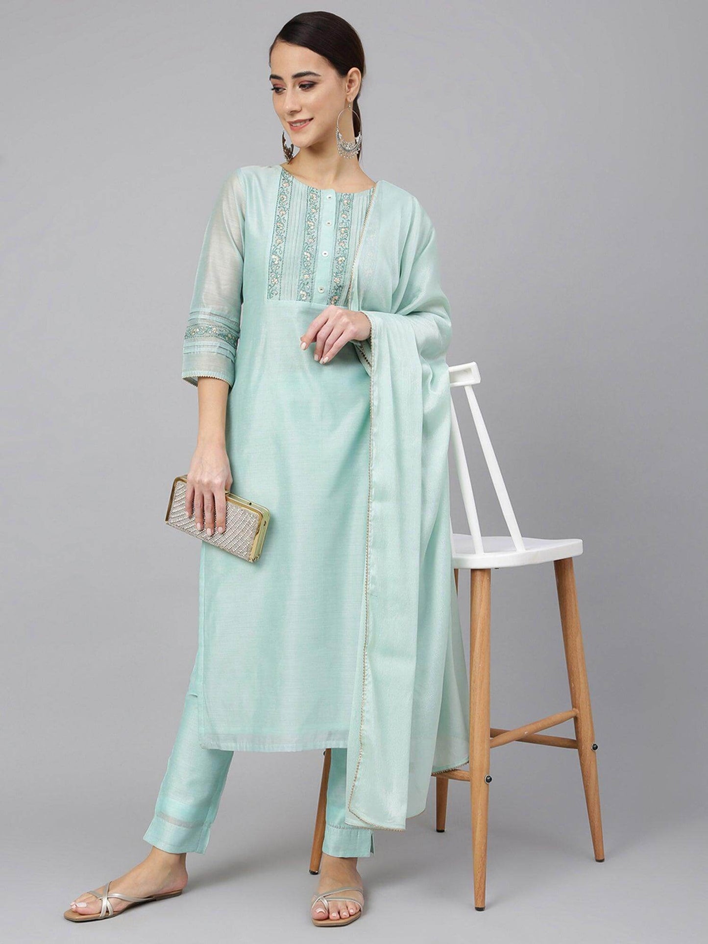 Sea Blue Chanderi Silk Solid Kurta with Pant and Dupatta