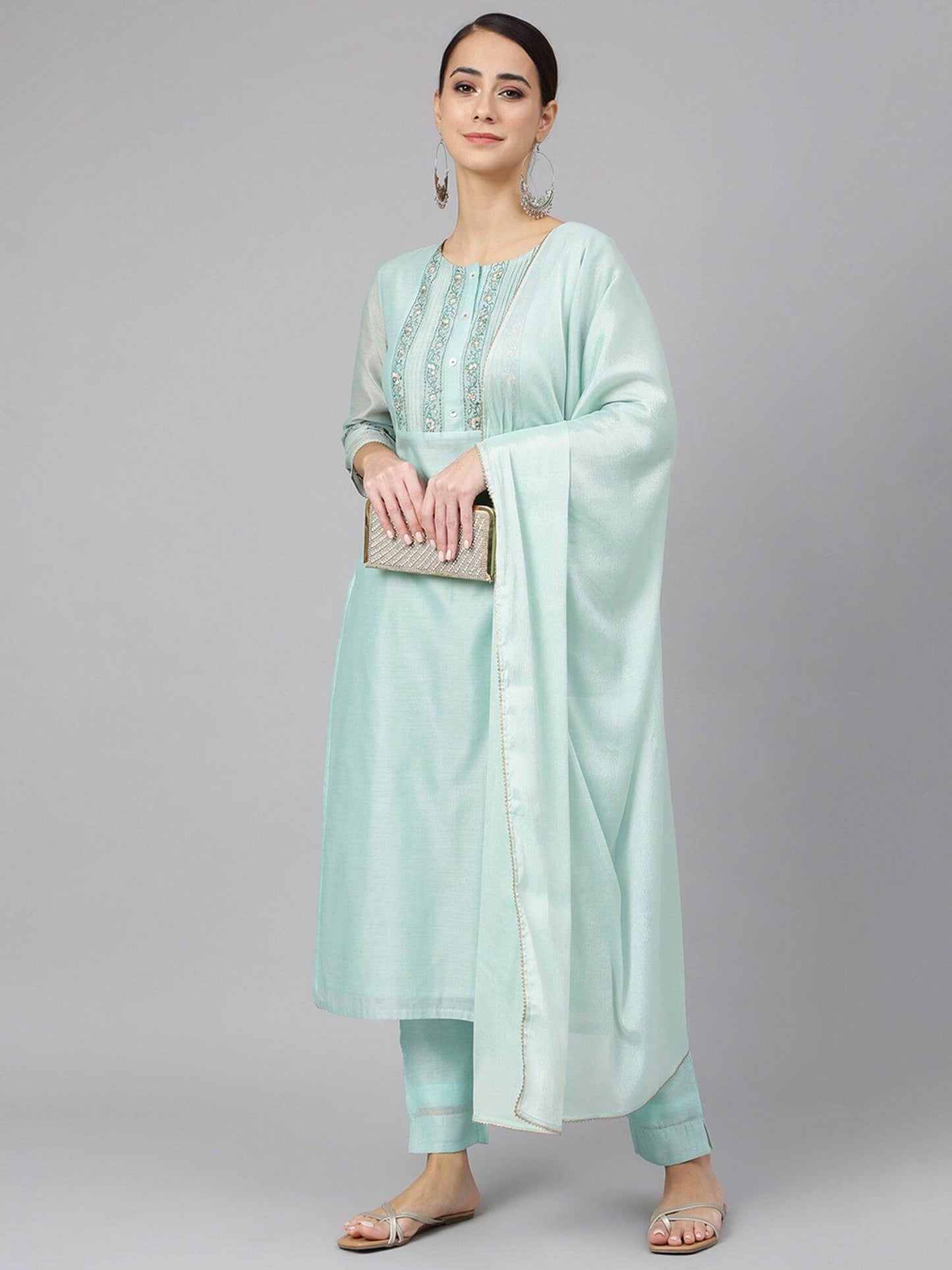 Sea Blue Chanderi Silk Solid Kurta with Pant and Dupatta