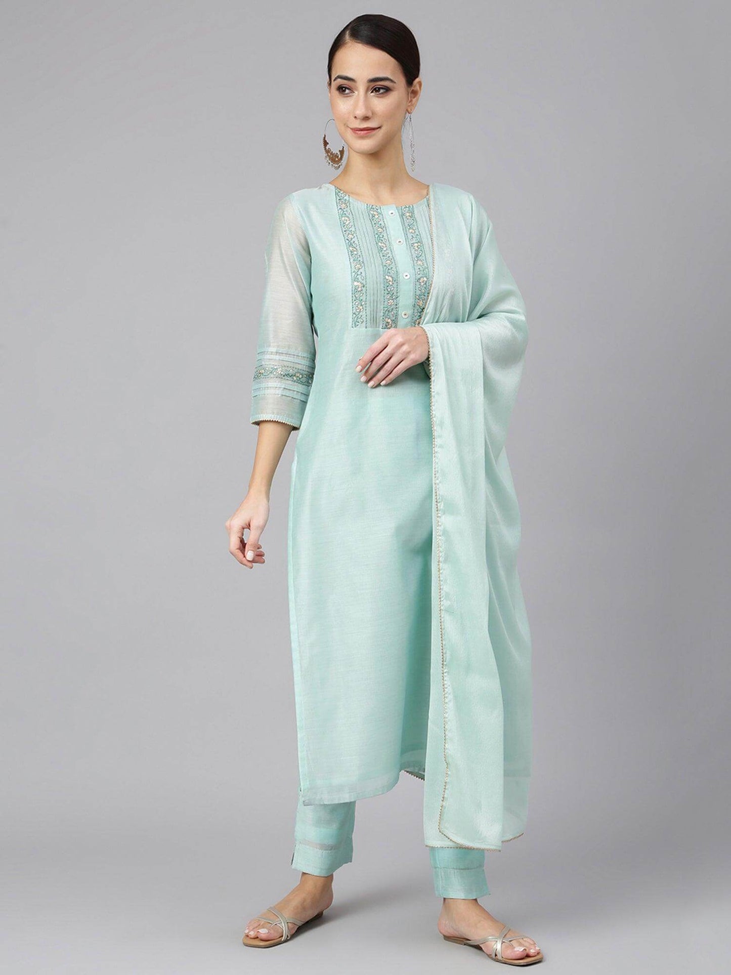 Sea Blue Chanderi Silk Solid Kurta with Pant and Dupatta
