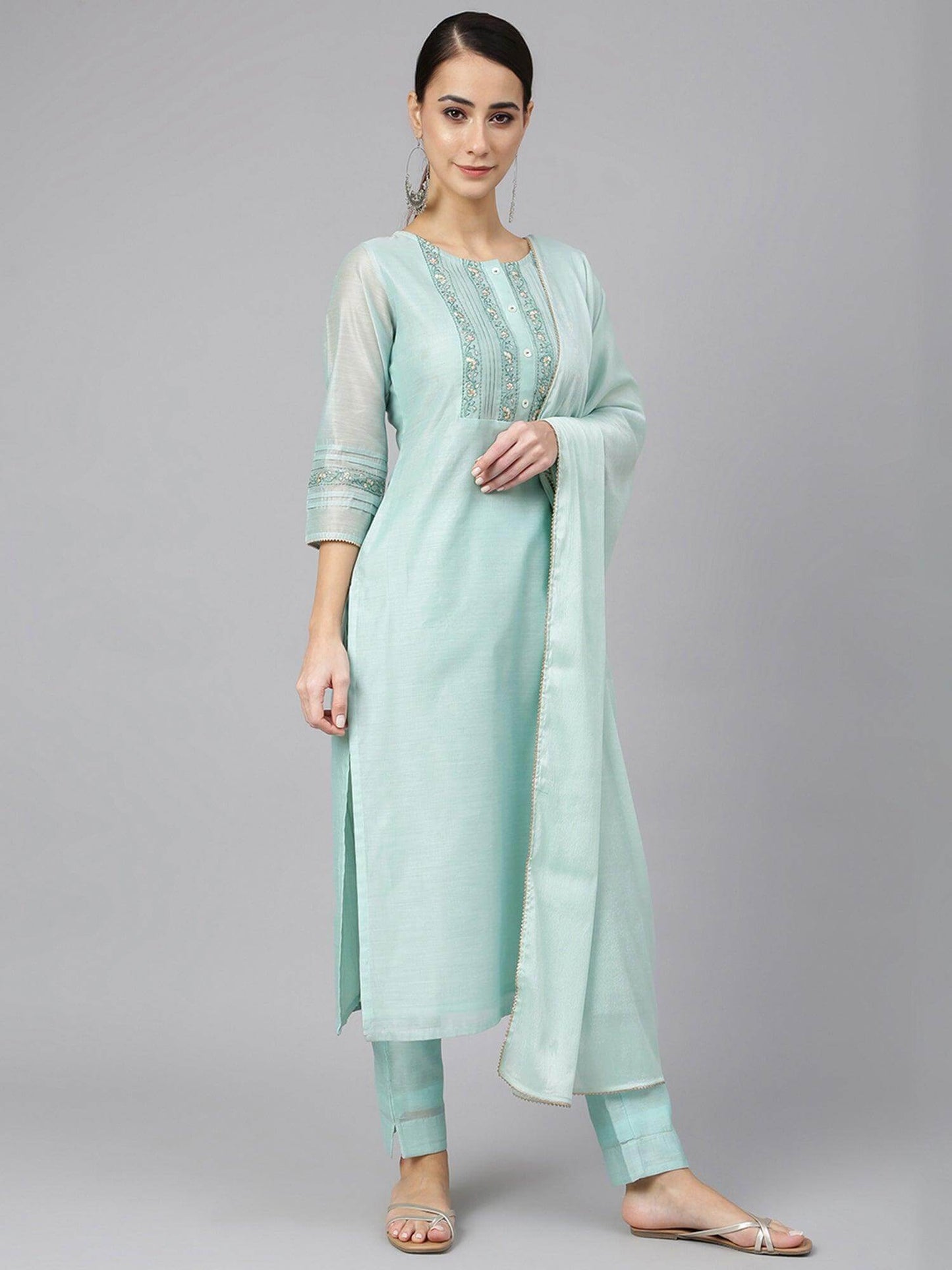 Sea Blue Chanderi Silk Solid Kurta with Pant and Dupatta