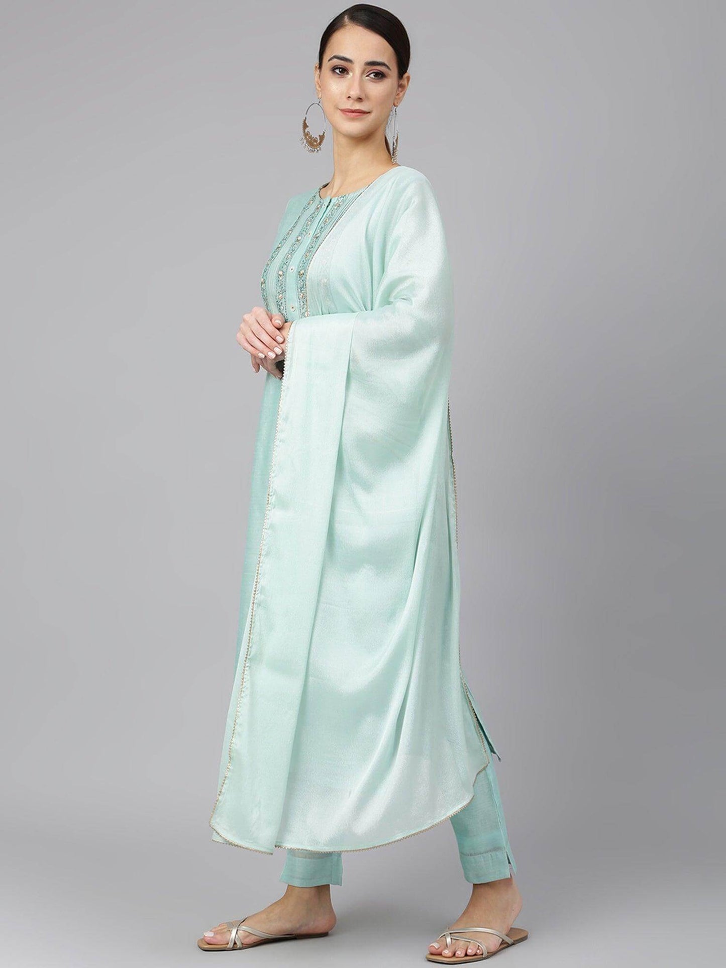 Sea Blue Chanderi Silk Solid Kurta with Pant and Dupatta