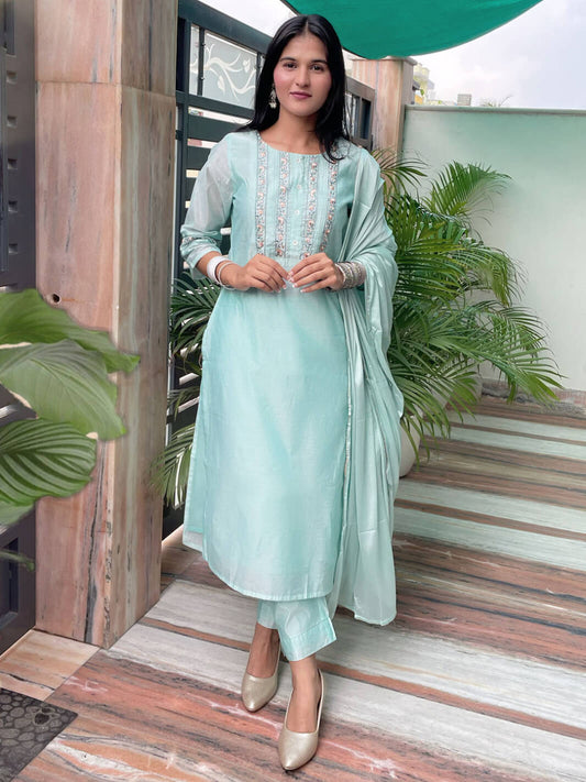 Sea Blue Chanderi Silk Solid Kurta with Pant and Dupatta