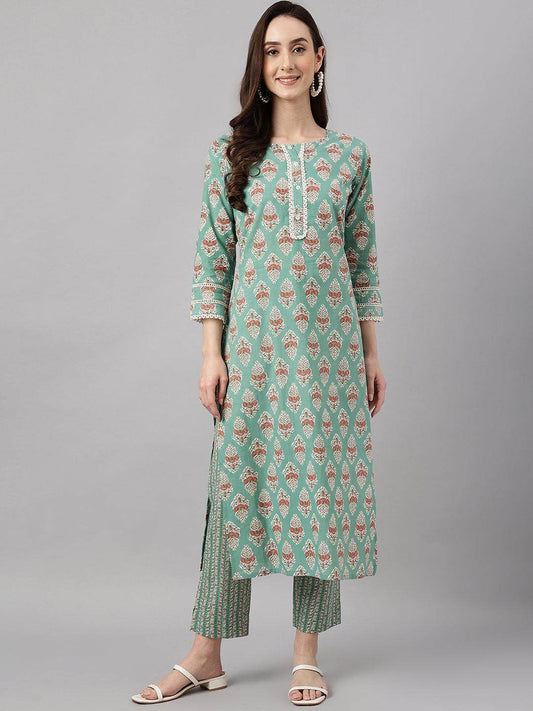 Women's Mint Green Cotton Floral Print Kurta with Pant