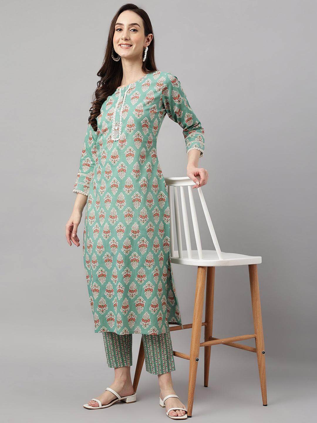 Women's Mint Green Cotton Floral Print Kurta with Pant