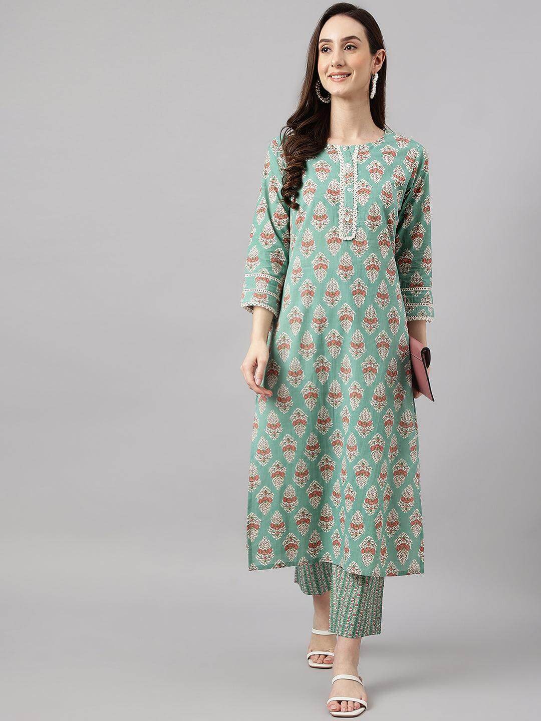 Women's Mint Green Cotton Floral Print Kurta with Pant