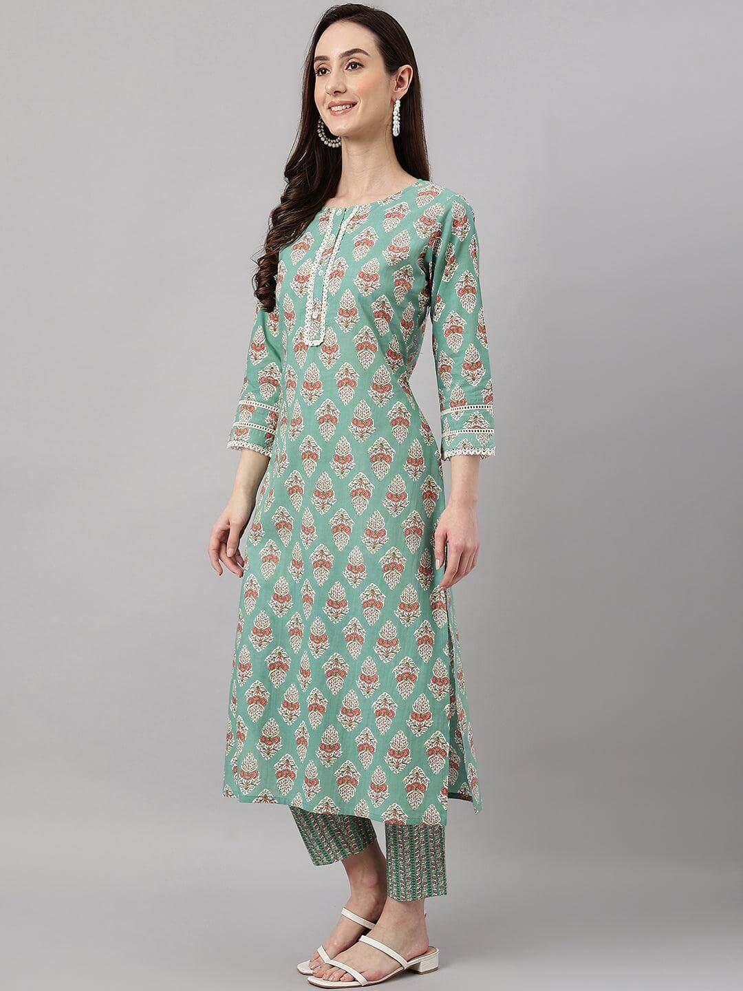 Women's Mint Green Cotton Floral Print Kurta with Pant