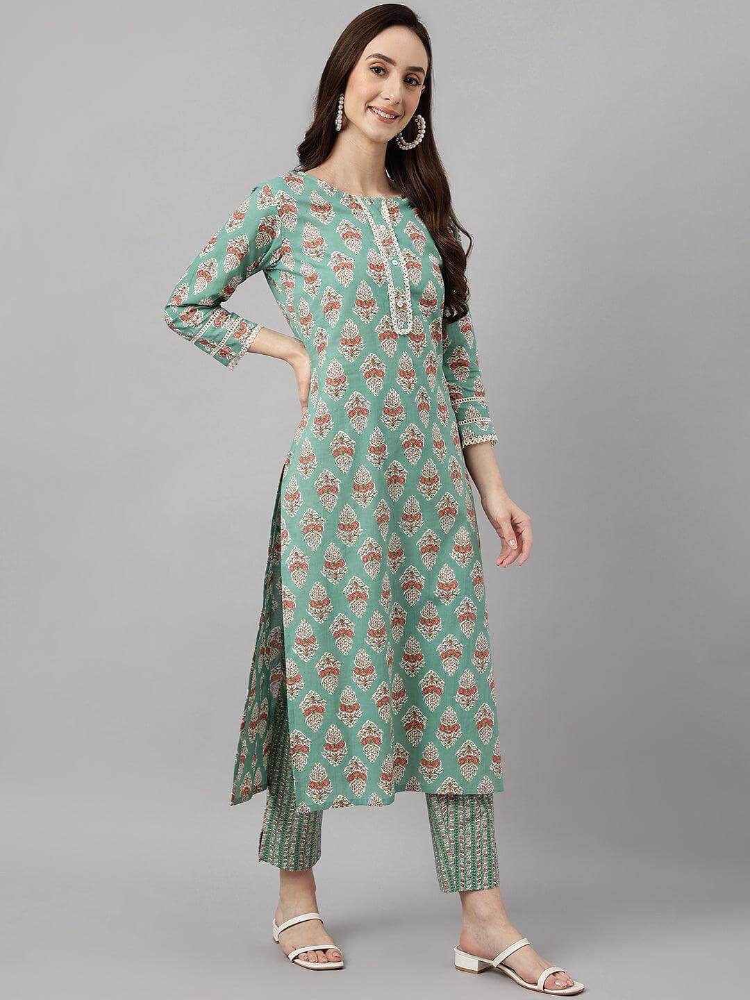 Women's Mint Green Cotton Floral Print Kurta with Pant