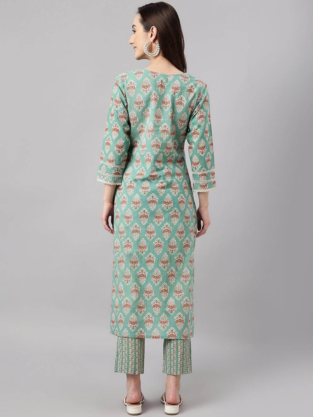 Women's Mint Green Cotton Floral Print Kurta with Pant