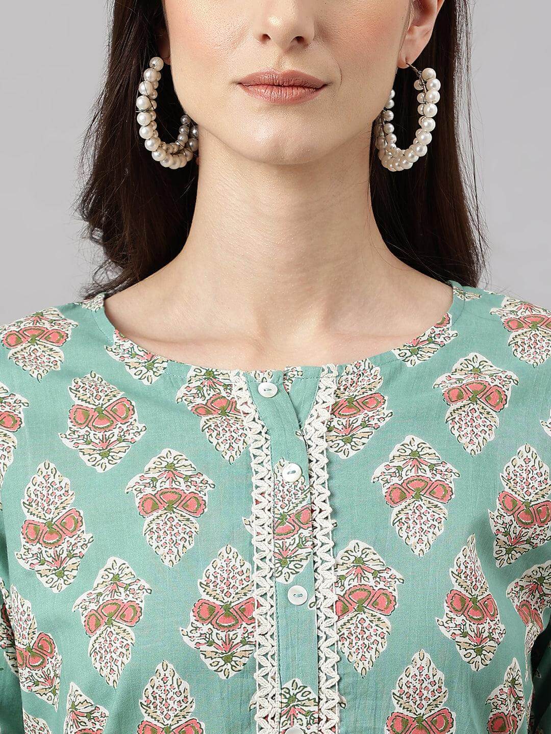 Women's Mint Green Cotton Floral Print Kurta with Pant