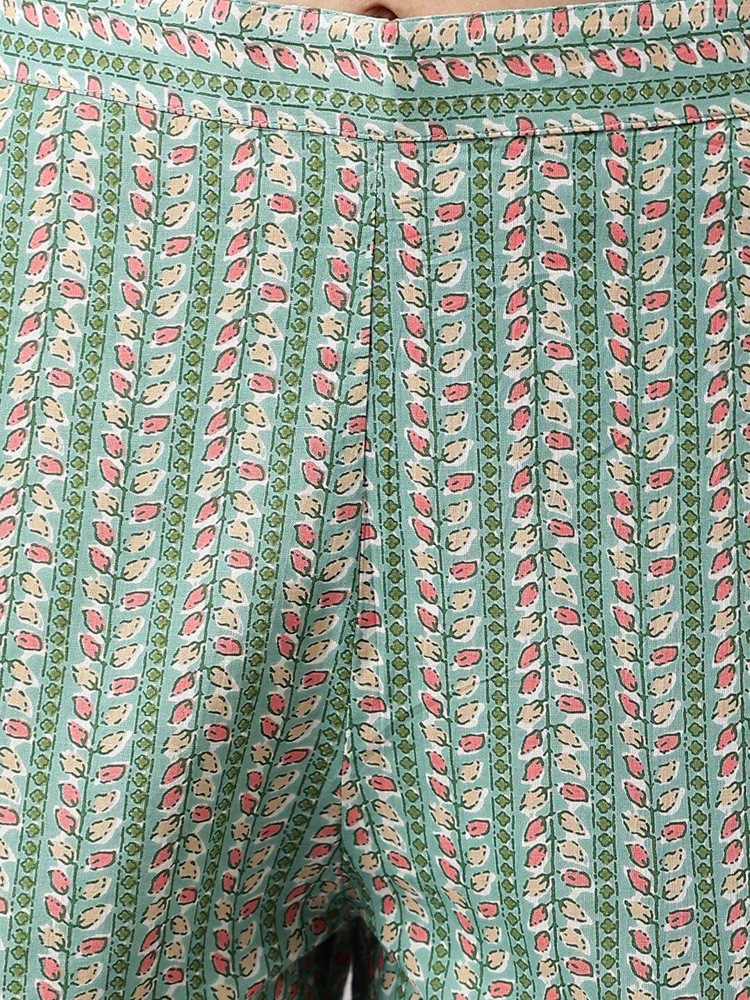 Women's Mint Green Cotton Floral Print Kurta with Pant