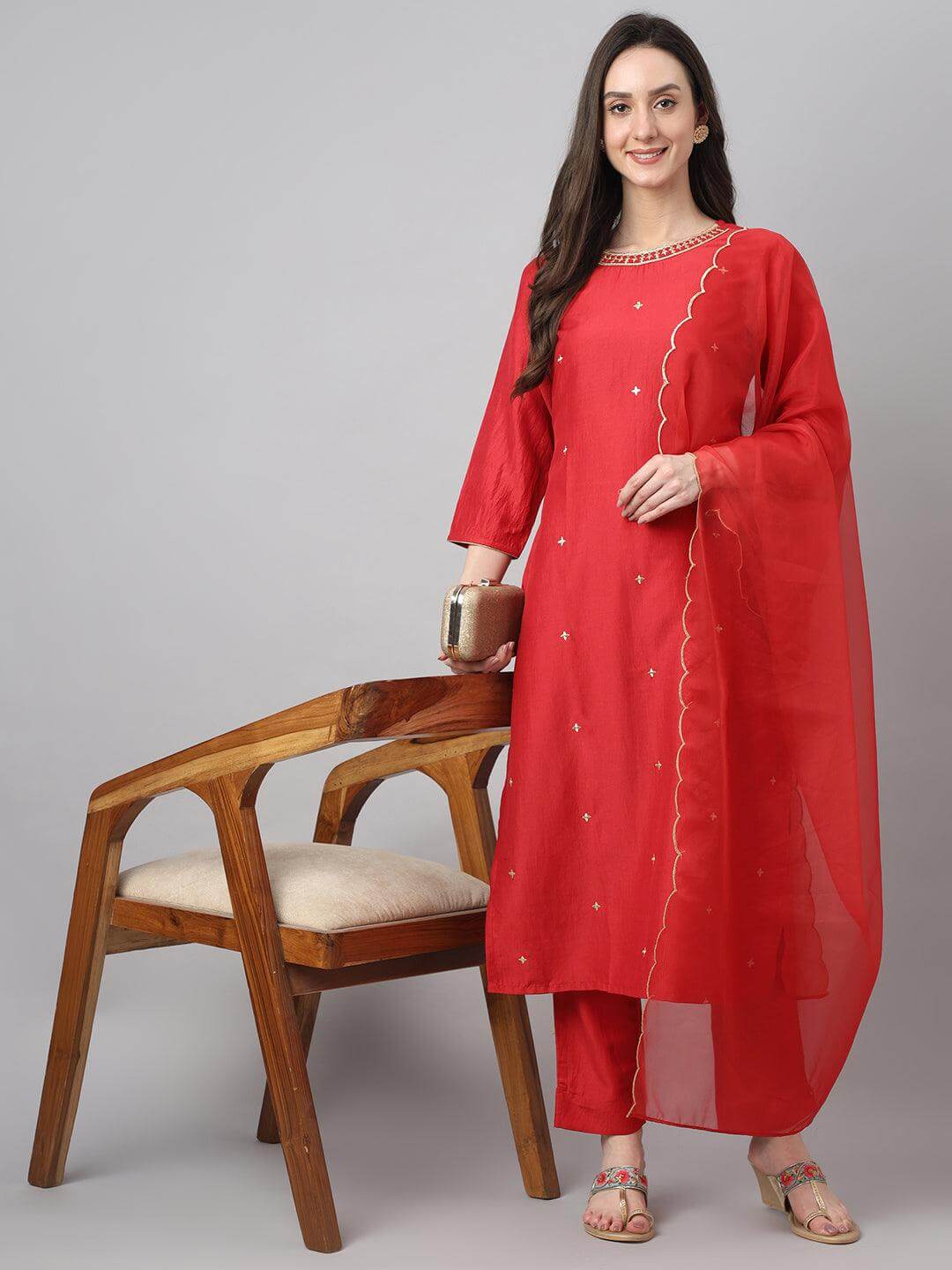 Women's Red Chinon Embroidered Kurta with Pant and Dupatta