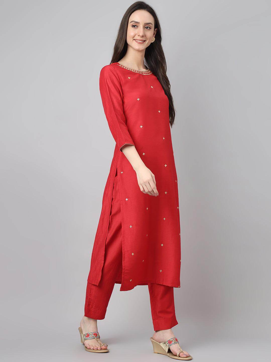 Women's Red Chinon Embroidered Kurta with Pant and Dupatta