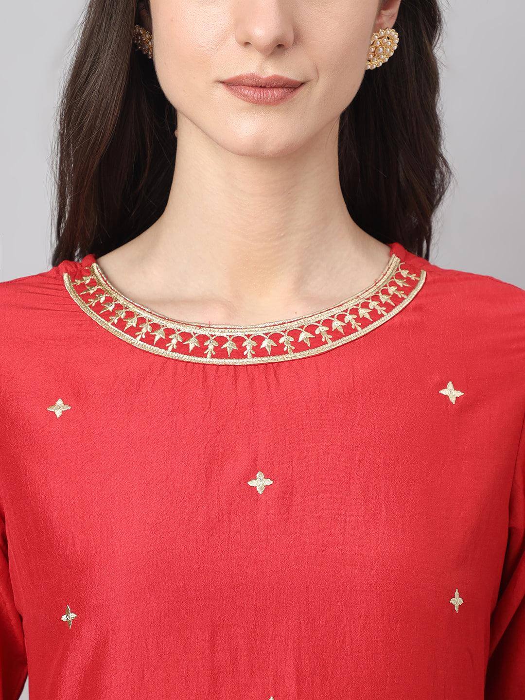 Women's Red Chinon Embroidered Kurta with Pant and Dupatta