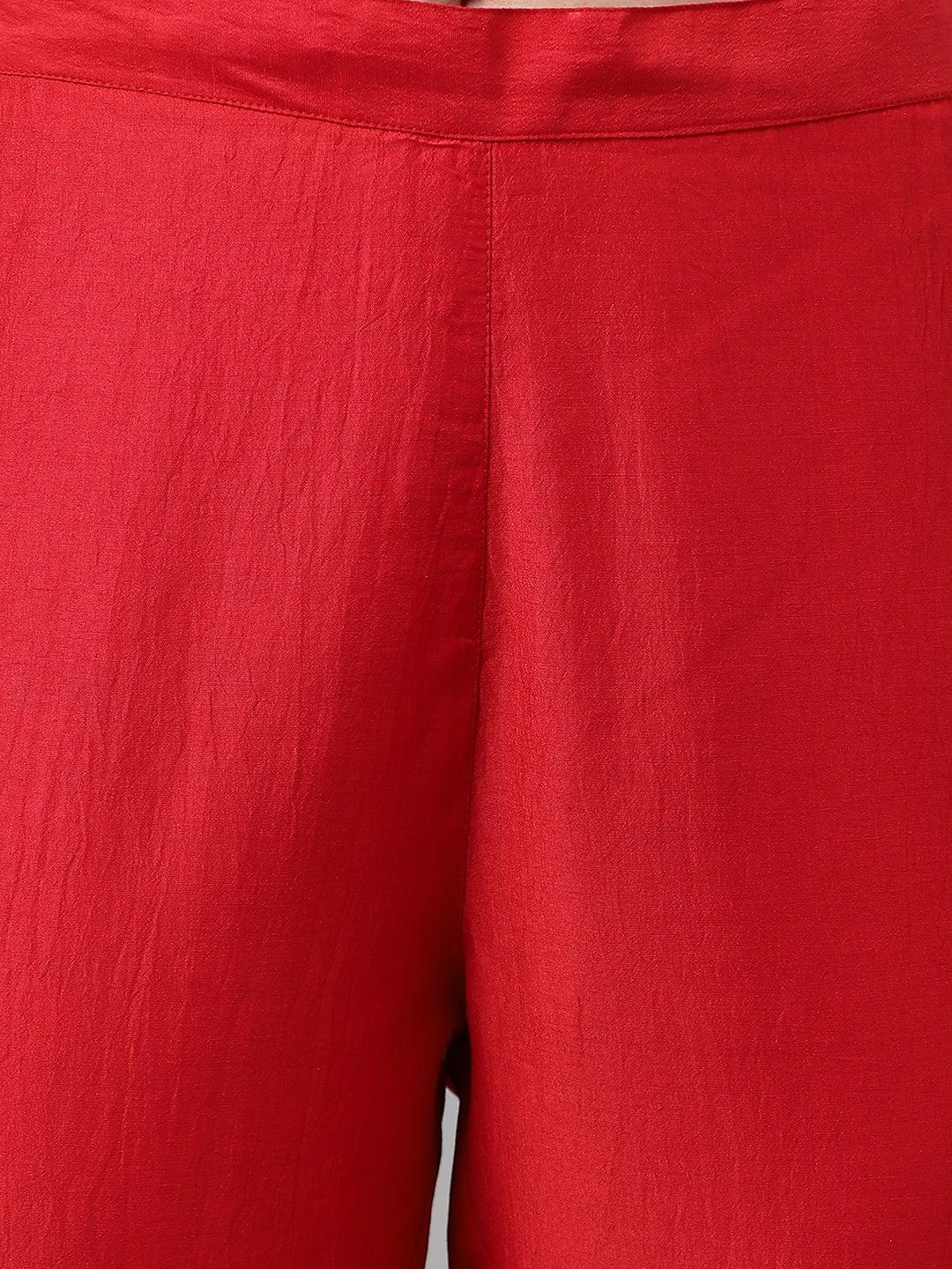 Women's Red Chinon Embroidered Kurta with Pant and Dupatta